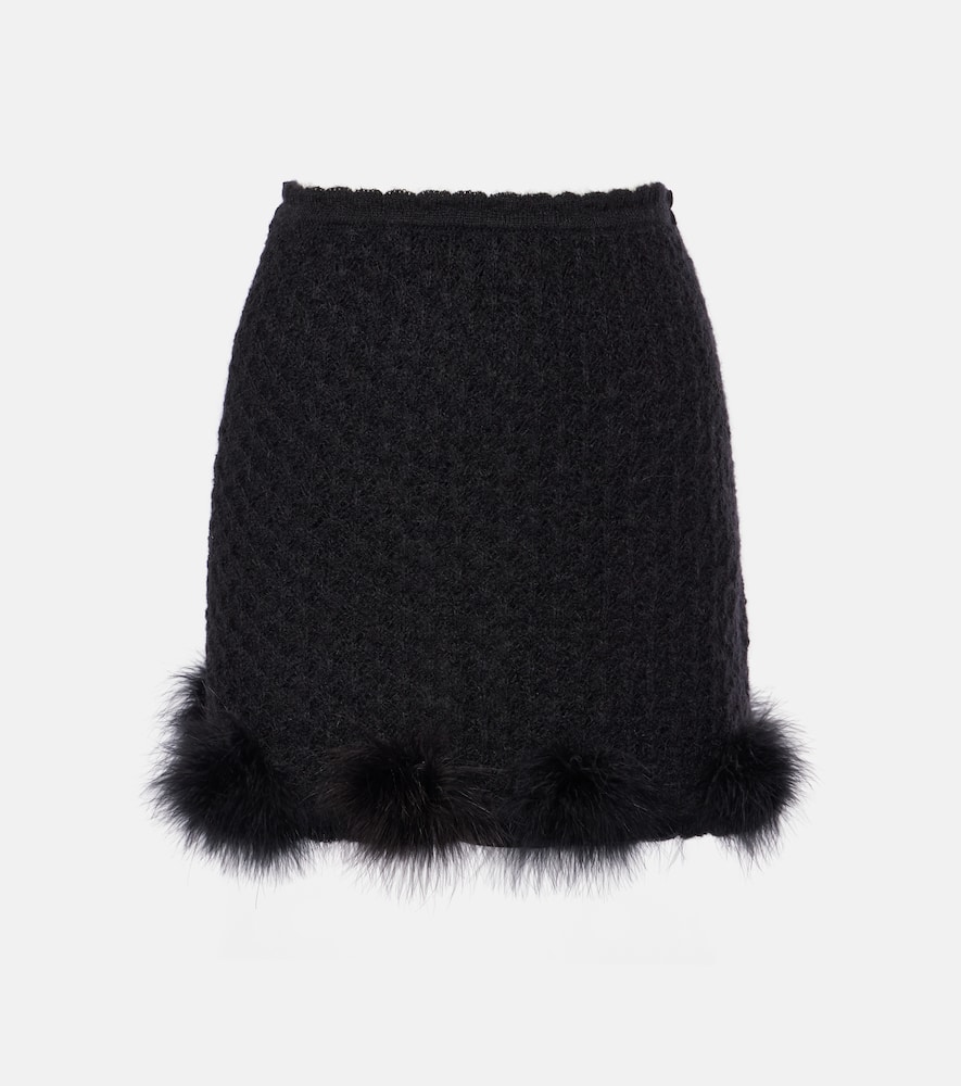 Feather-trimmed knitted miniskirt