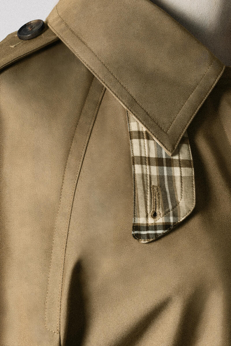 Check-Detail Belted Cotton Trench Coat