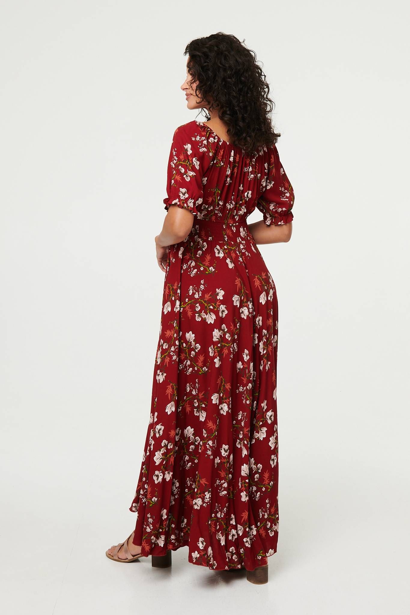 Izabel London Women's Floral Bardot Shirred Empire Maxi Dress in Red