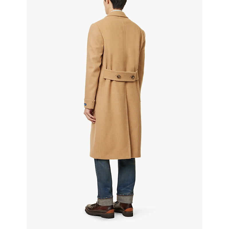 Mens Camel Double-breasted Brushed-texture Wool Coat 42r