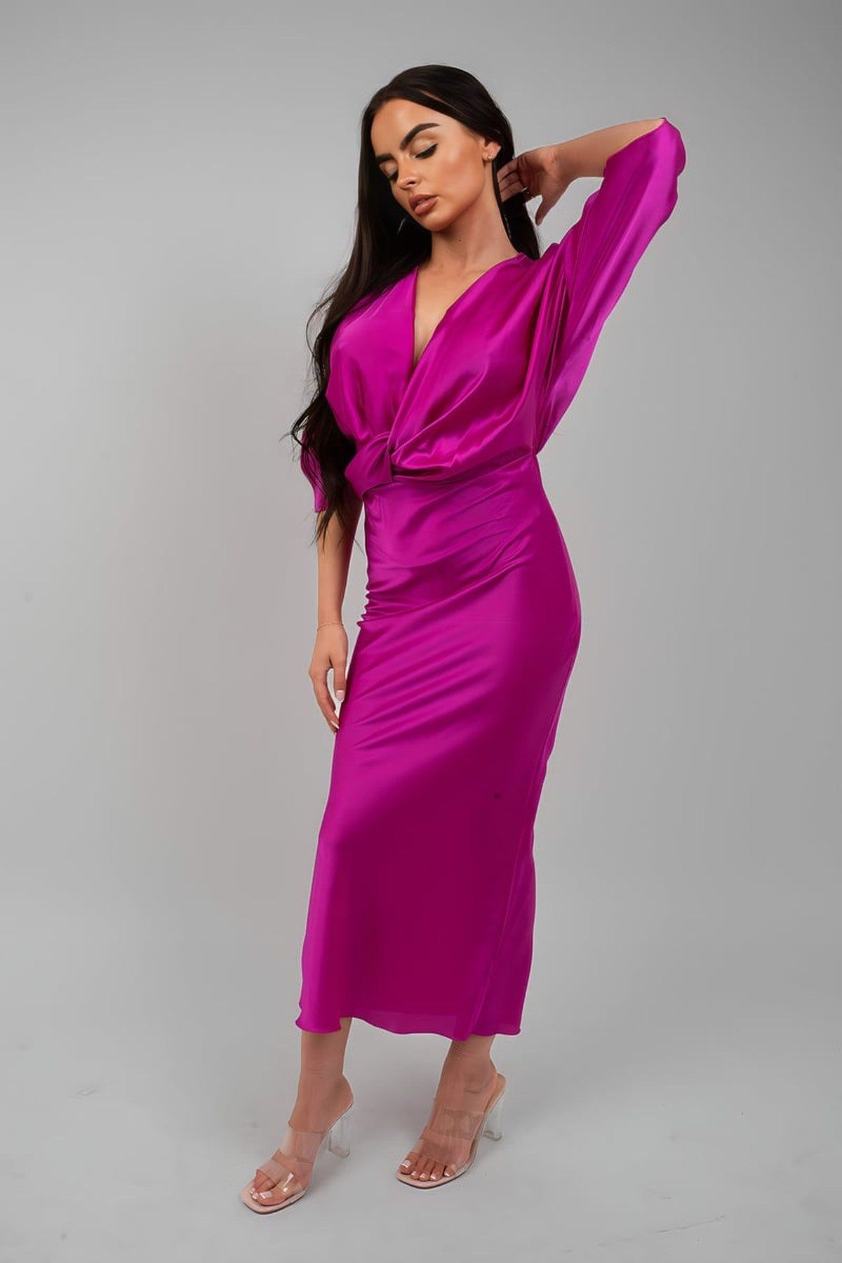 Ikrush Kylie V-Neck Twist Front Midi Dress In Magenta
