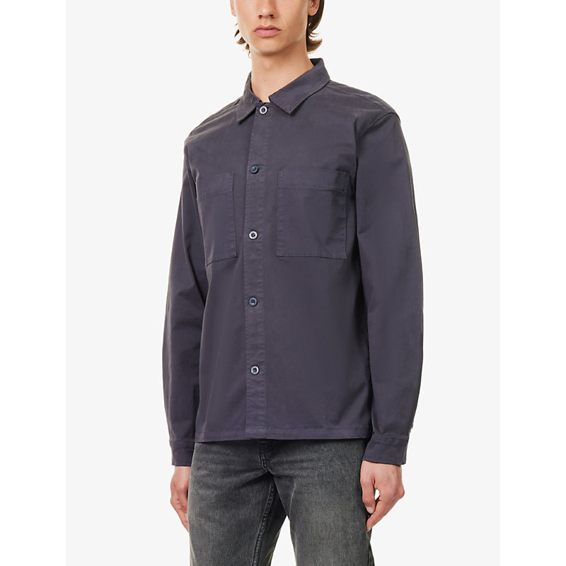 Mens Navy Garment Dyed Stretch-cotton Overshirt 