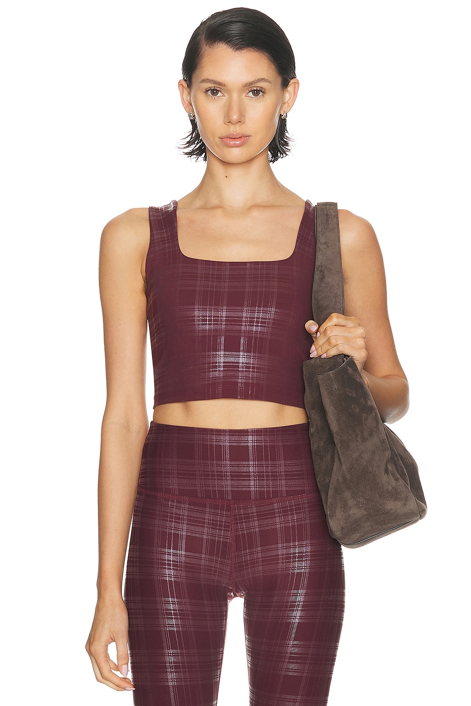 Beyond Yoga Beyond The Studio High Cropped Tank Top in Plaid Foil Burgundy - Burgundy. XS also in L