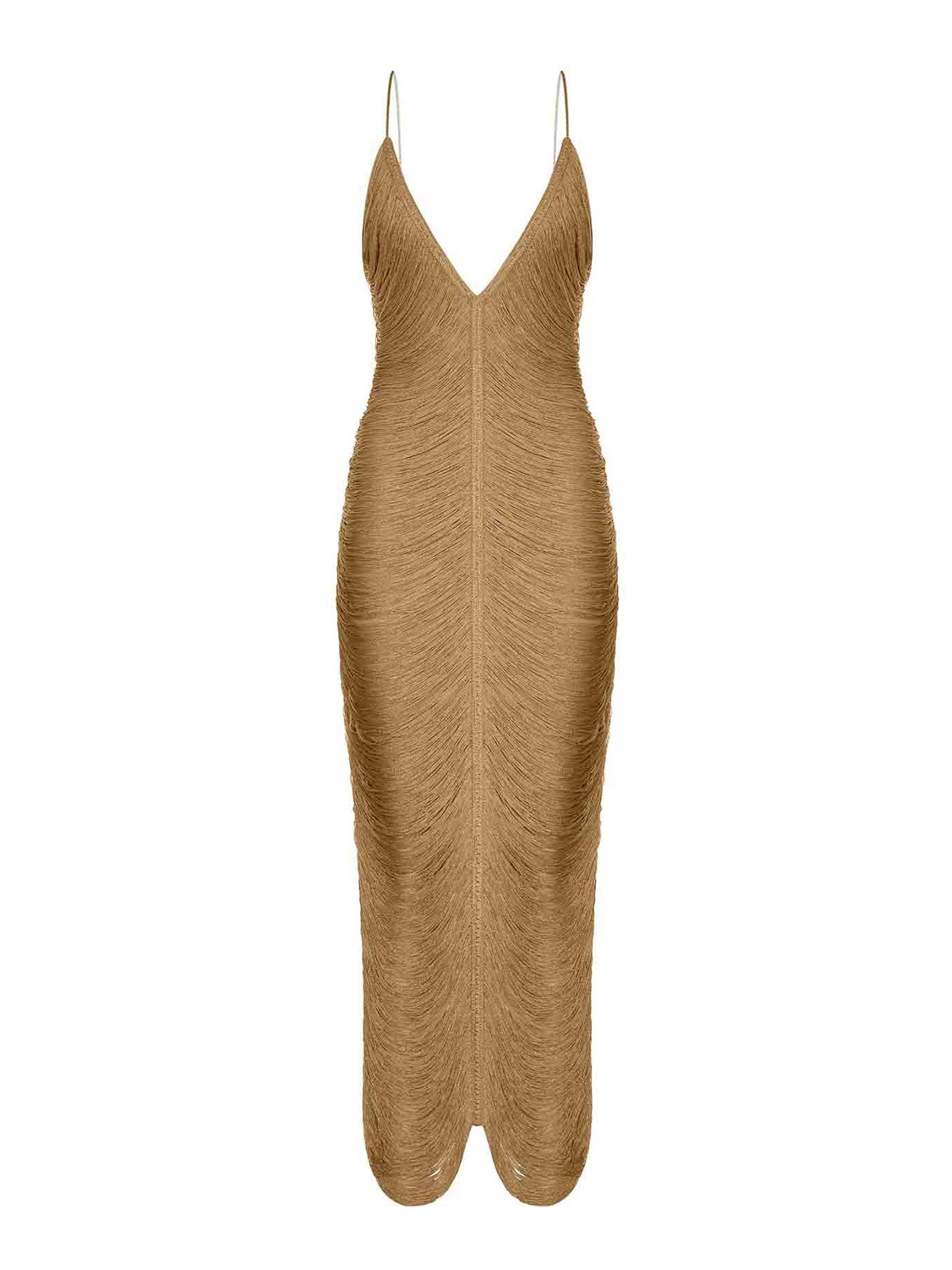Long Sol Dress With Fringes And V-Neck