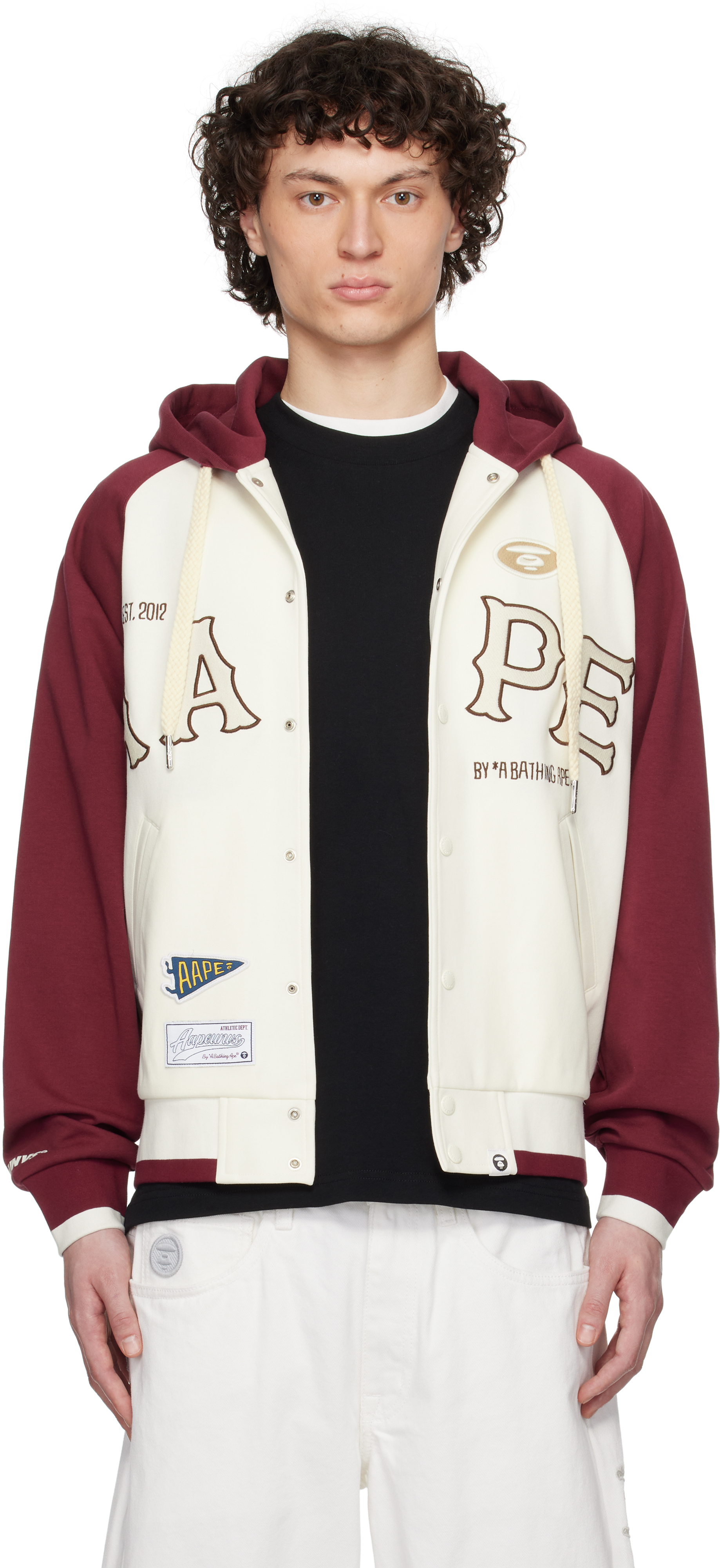 AAPE by A Bathing Ape Off-White & Burgundy Main Zip Up Jacket