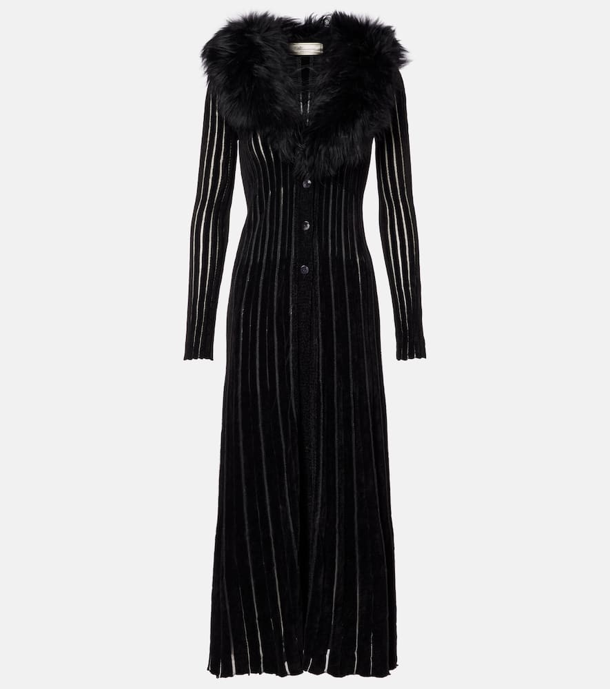 Shearling-trimmed striped maxi dress