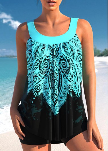 Modlily Cyan Tribal Print Wide Strap Tankini Set