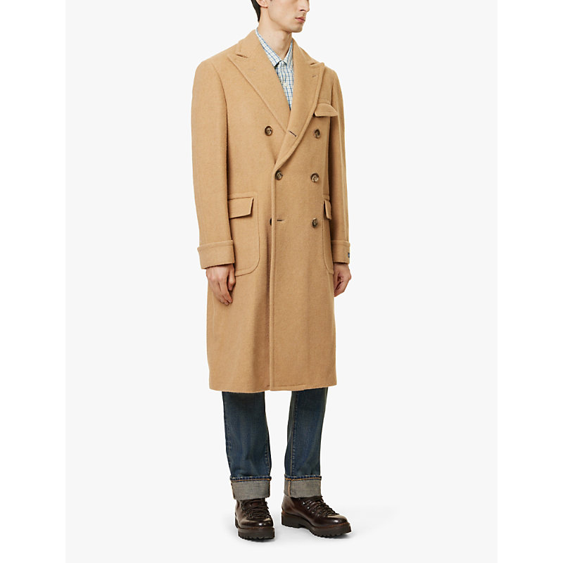 Mens Camel Double-breasted Brushed-texture Wool Coat 42r
