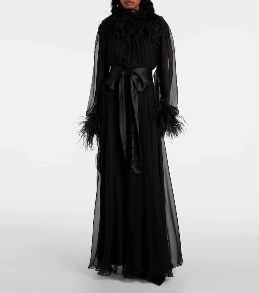 Feather-trimmed silk gown