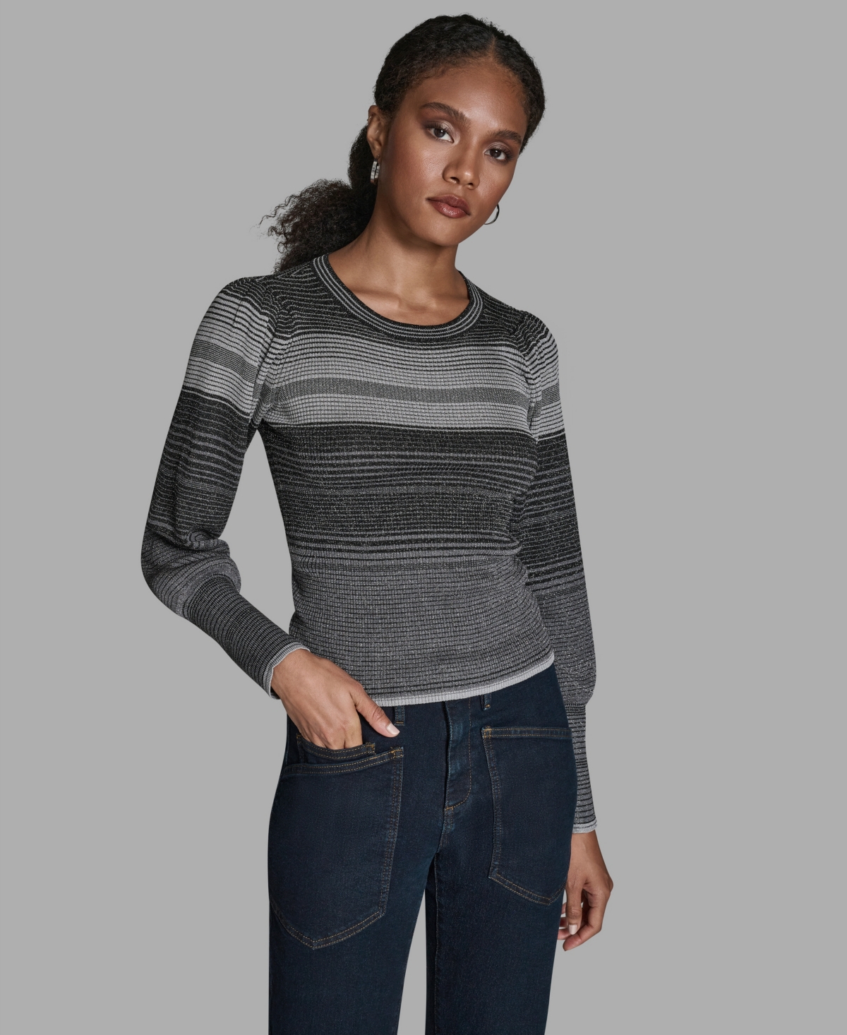 Women's Wide Cuff Balloon-Sleeve Crewneck Sweater - Heather Grystne/Heather Flanne