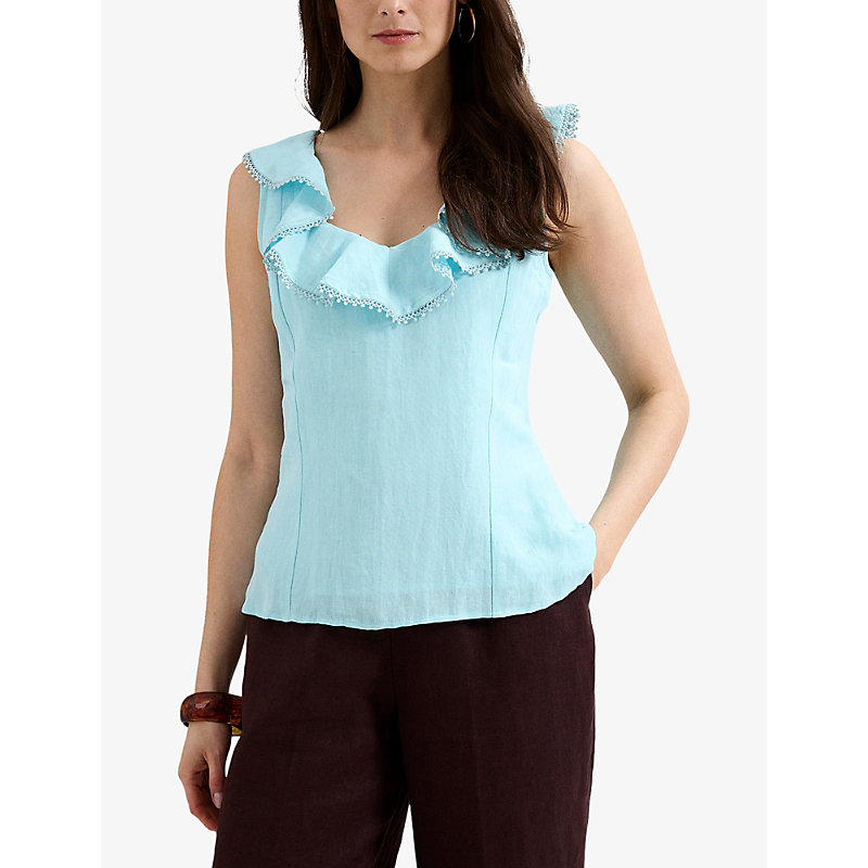 Womens Rhona Ruffle-Trim Linen-Blend Top