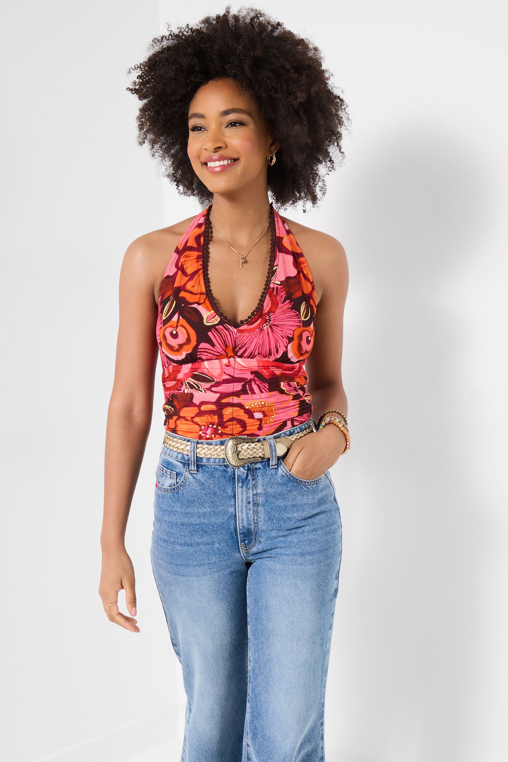 Joe Browns Floral Halter Top With Pompom Trim And Shirred Back In Pink