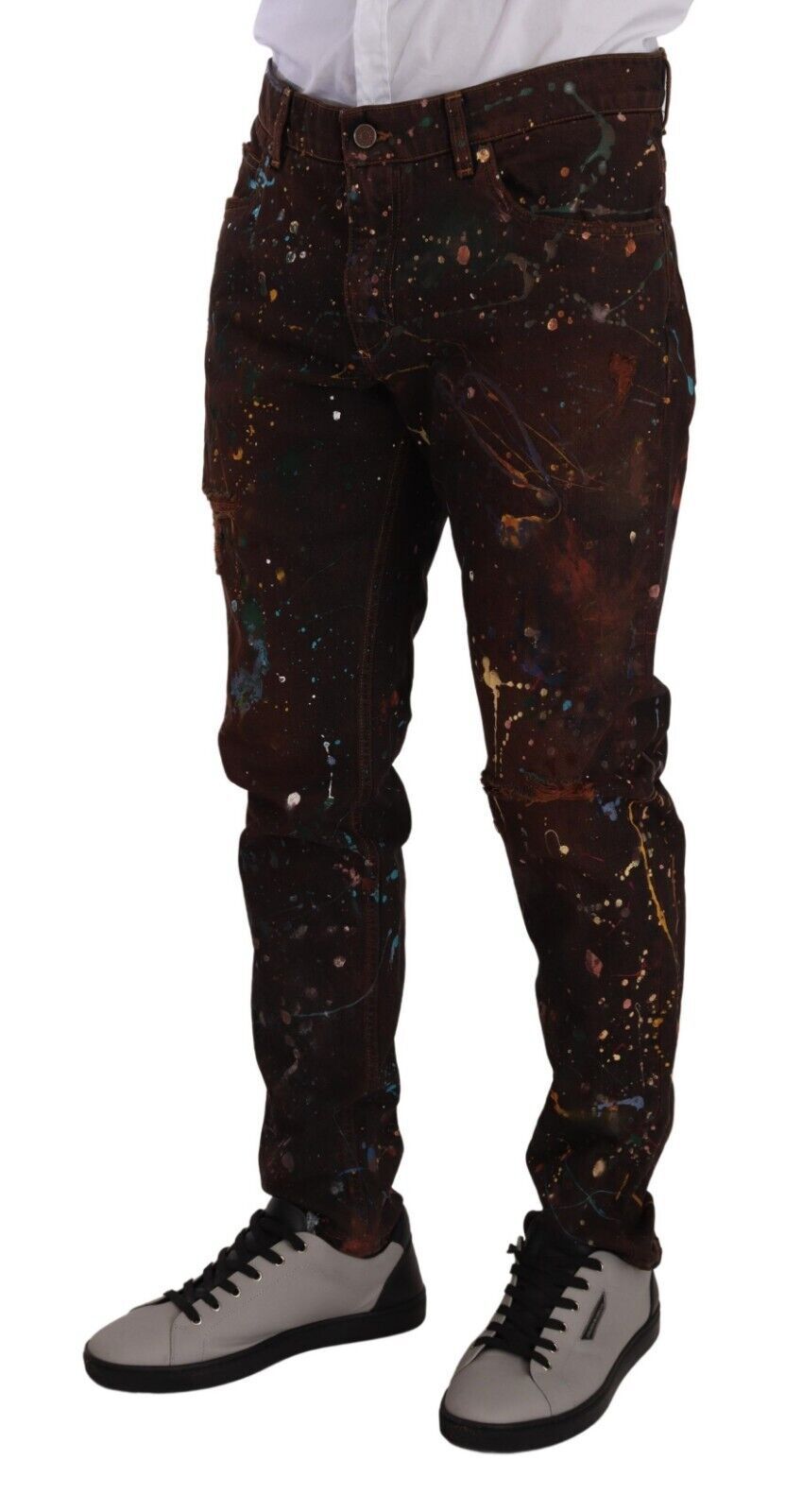 Paint-Splattered Cotton Jeans — Brown