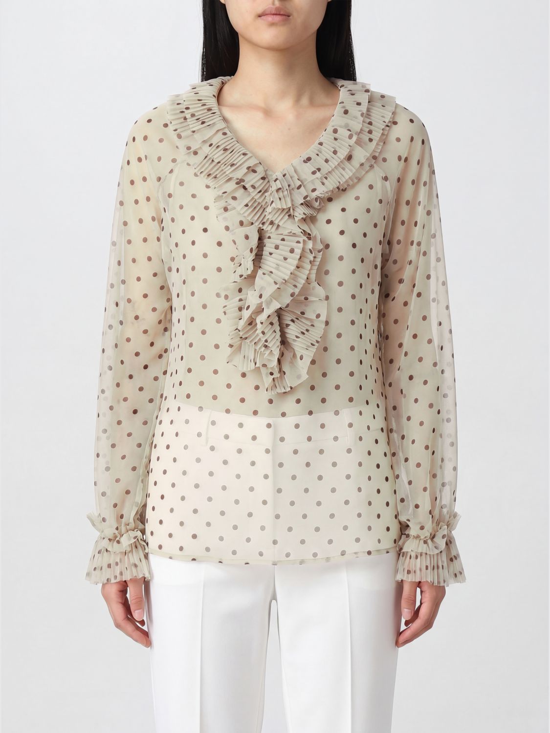 Ruffled V-Neck Blouse P. A.R. O.S. H. in Embroidered Polka Dot Crêpe