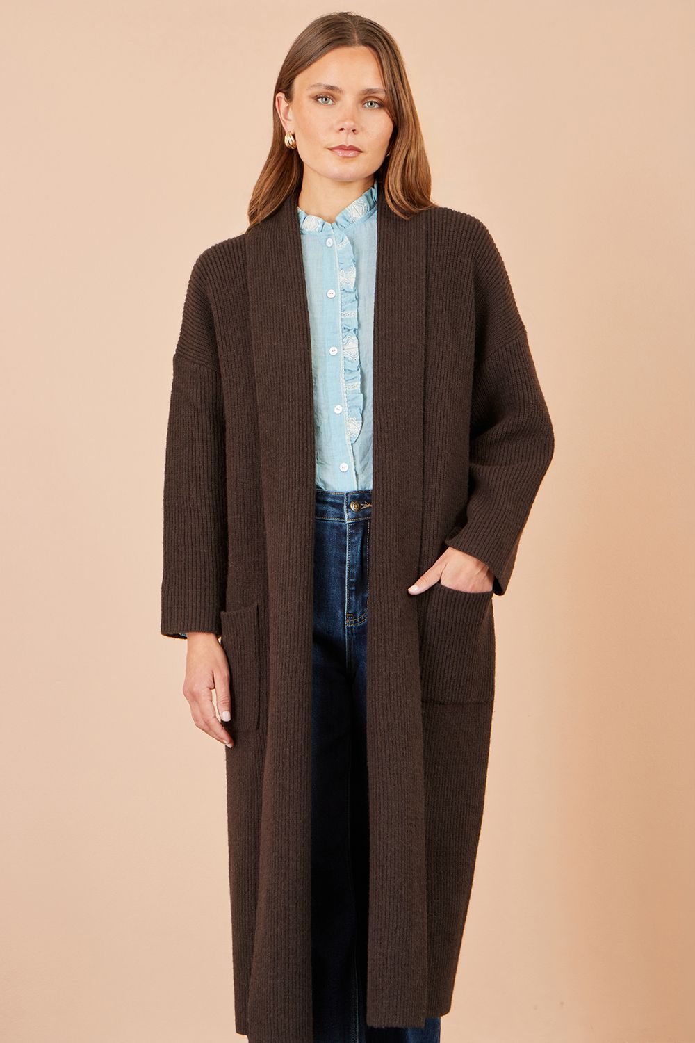 Yumi Knitted Maxi Cardigan With Pockets In Brown