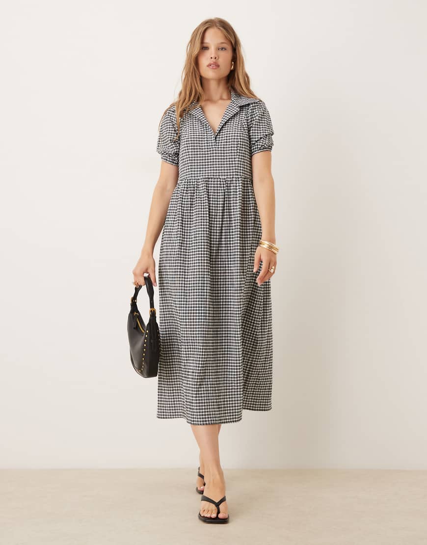 Hebe puff sleeve midaxi dress in mono gingham-Black