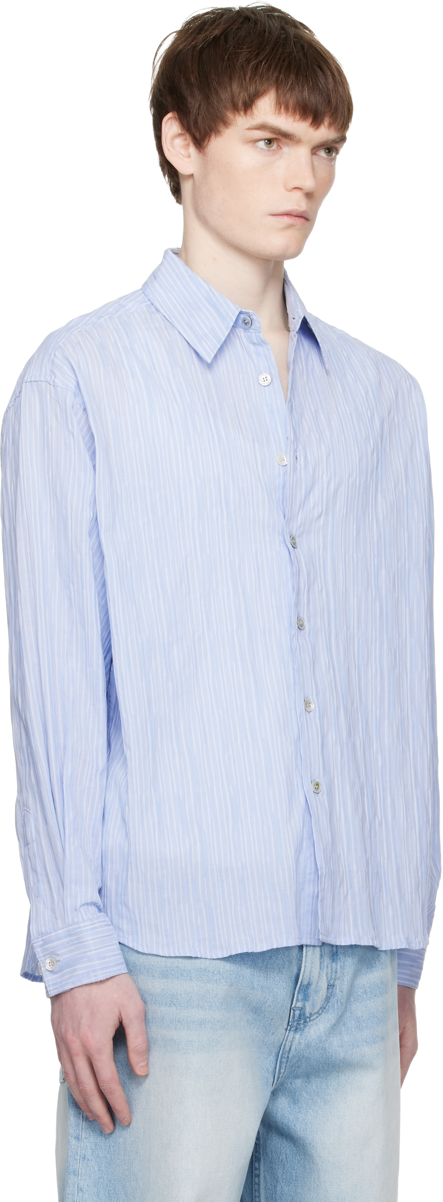 Blue Semi-Overfit Wrinkle Stripe Shirt
