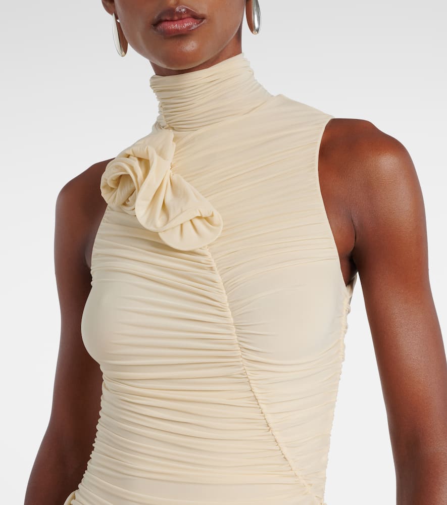 Floral-appliqué draped ruched gown