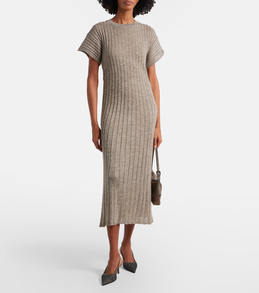 Ribbed-knit lamé midi dress