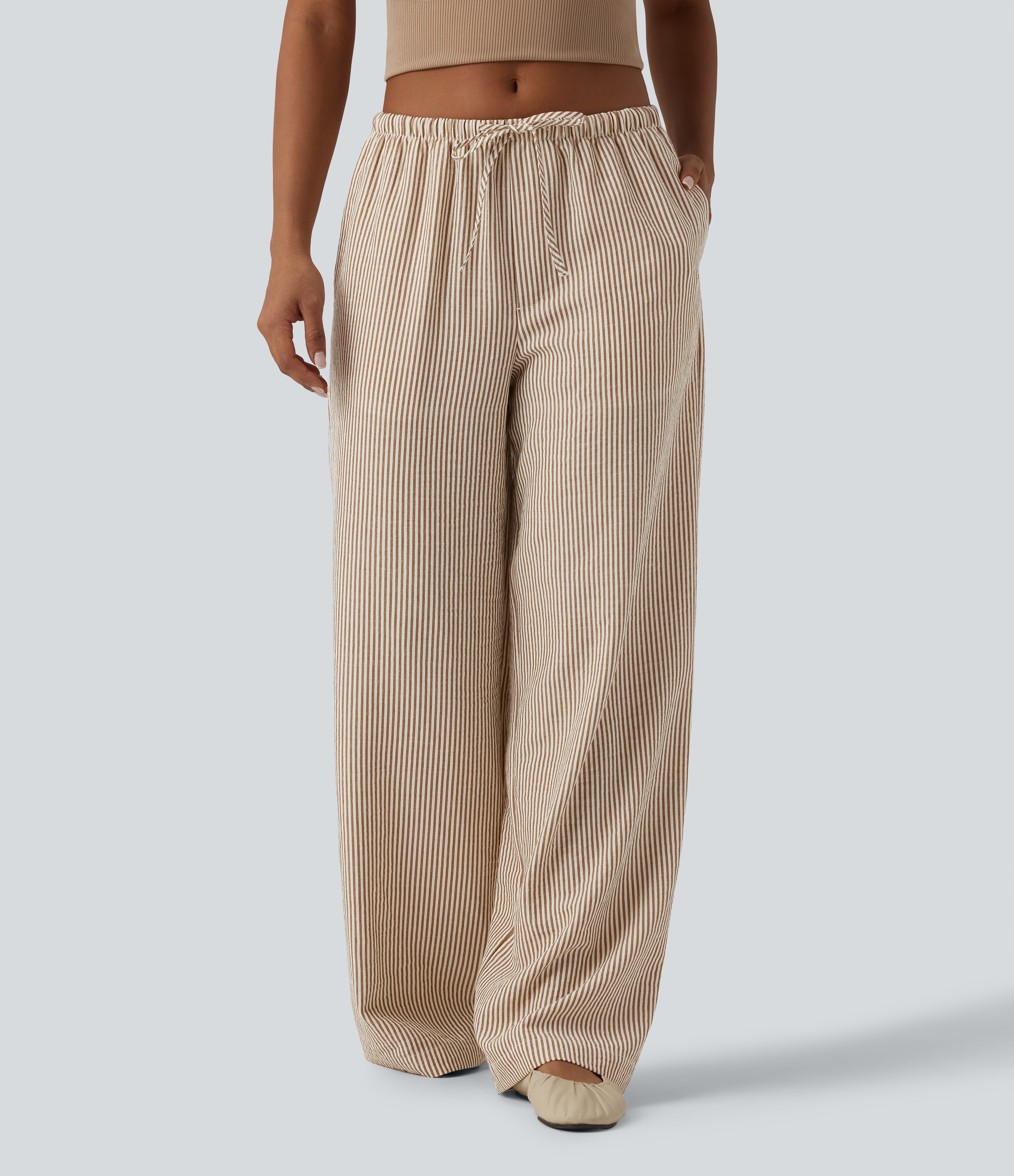 Halara Low Rise Drawstring Stripes Linen-Feel Casual Baggy Trousers with Pockets - French Oak - XLregular