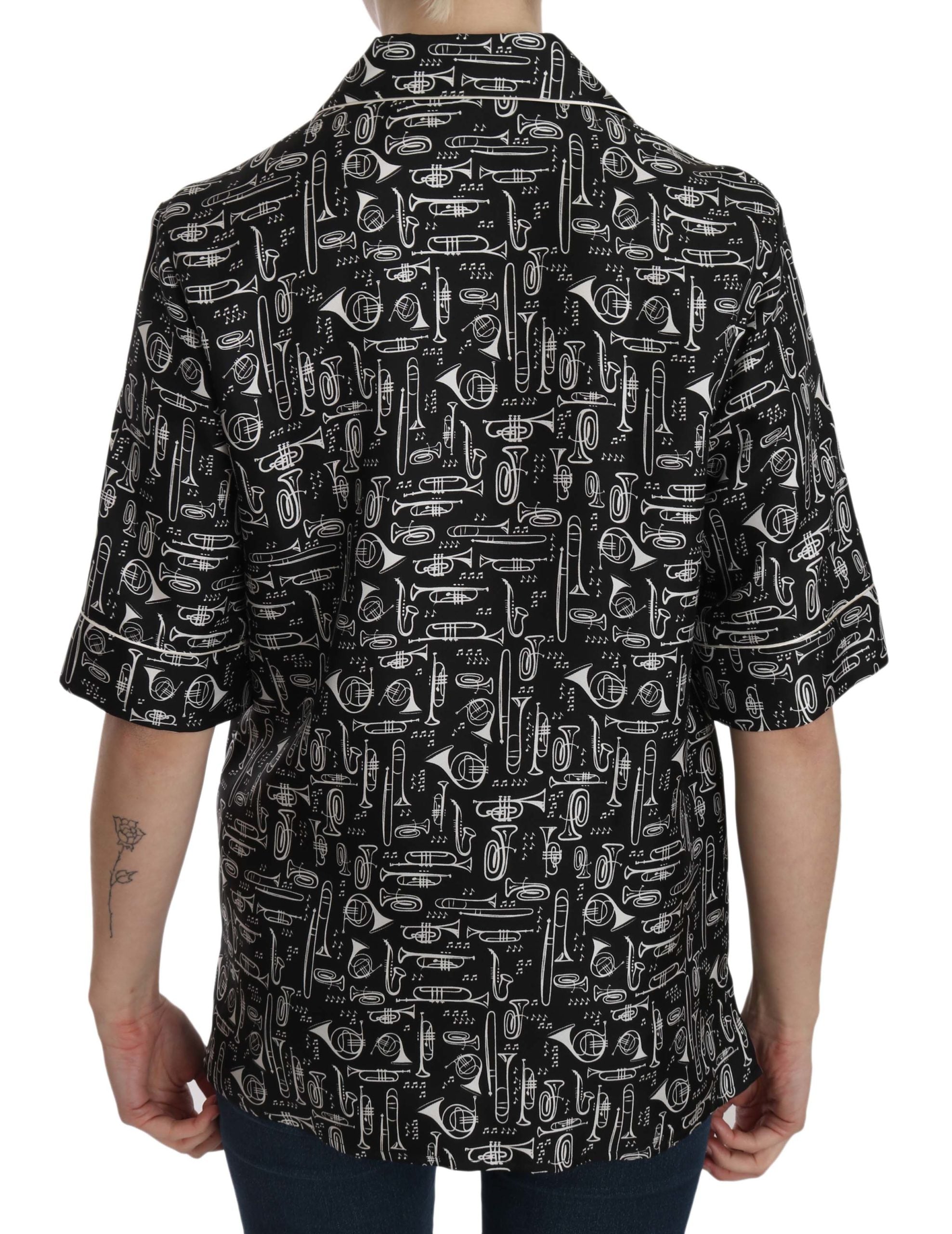 Musical Instrument Print Silk Shirt — Black