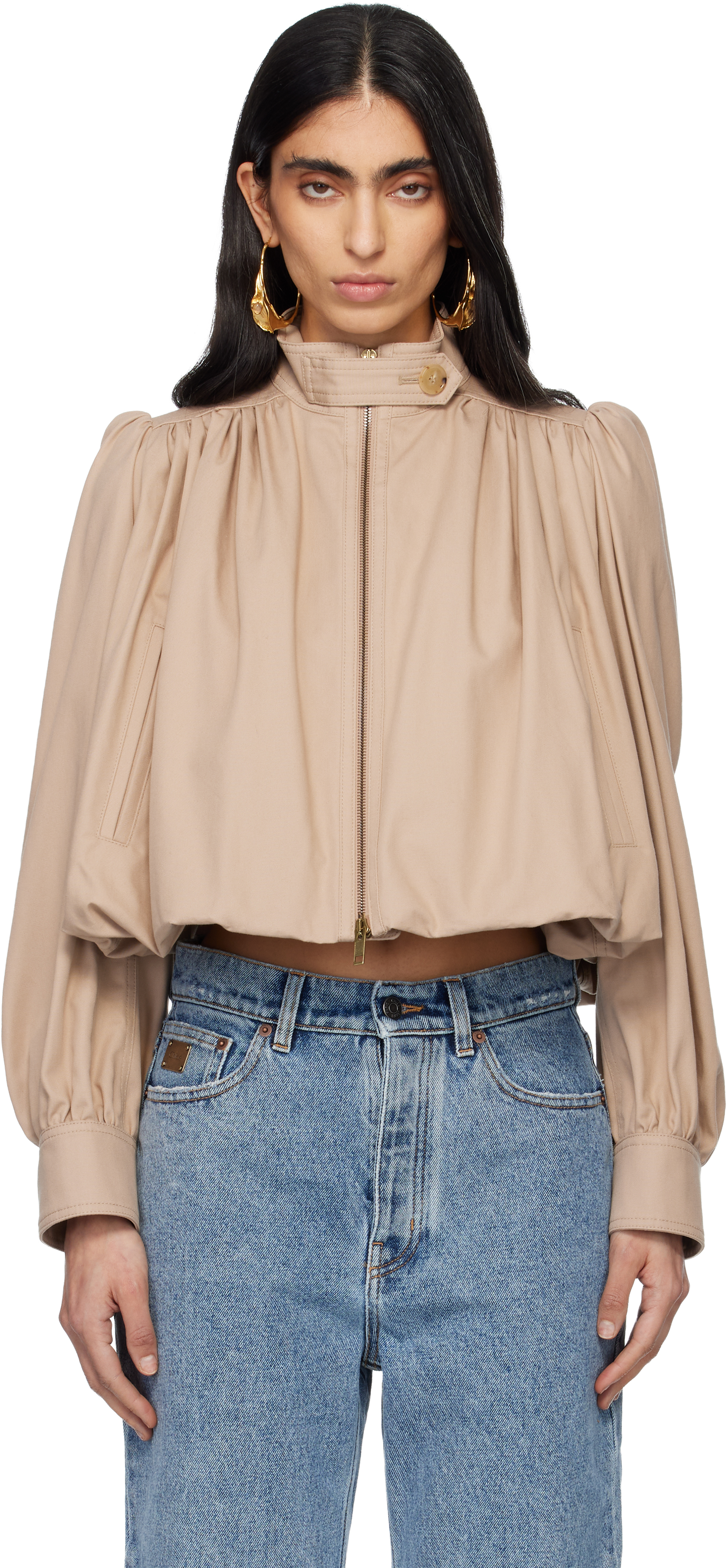 Beige Cotton Canvas Gathered Boule Jacket