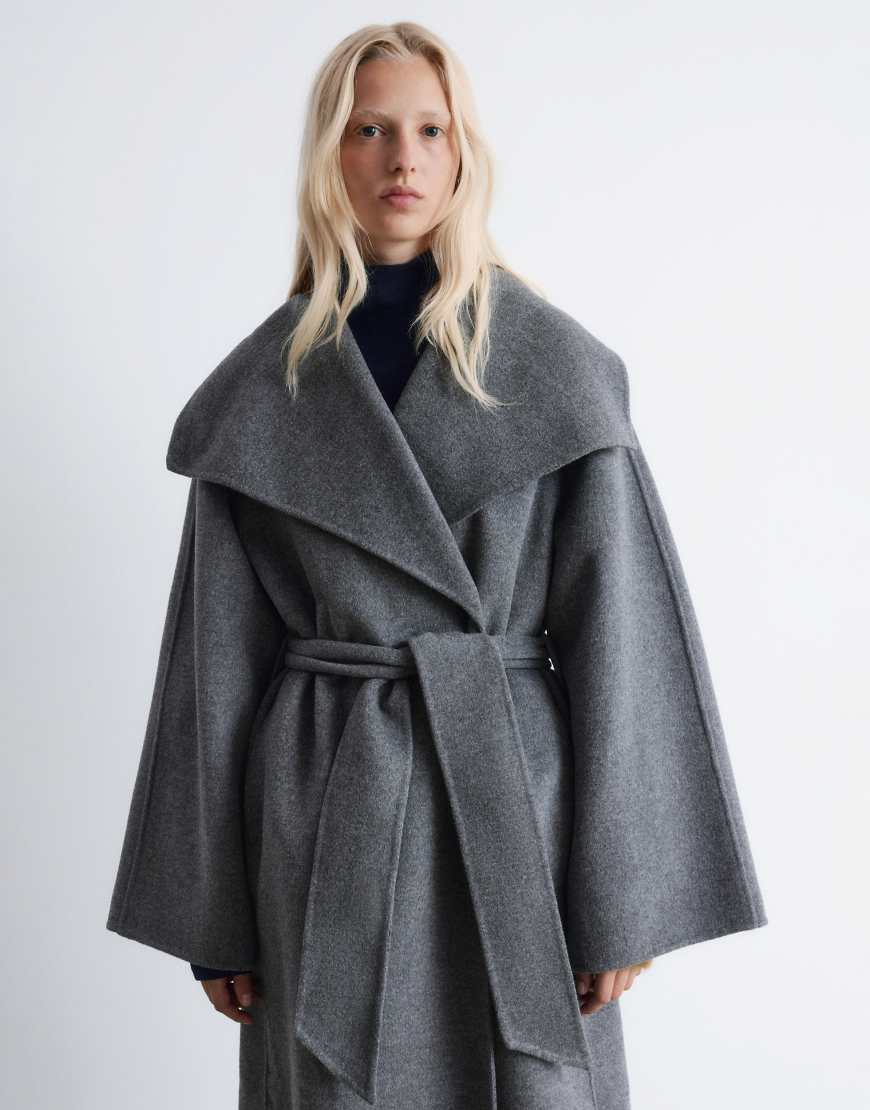 & wool belted maxi coat with funnel neck in gray