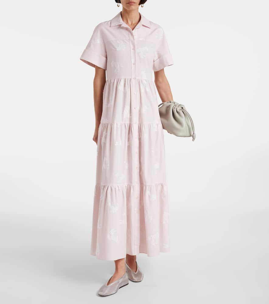 Embroidered tiered cotton shirt dress