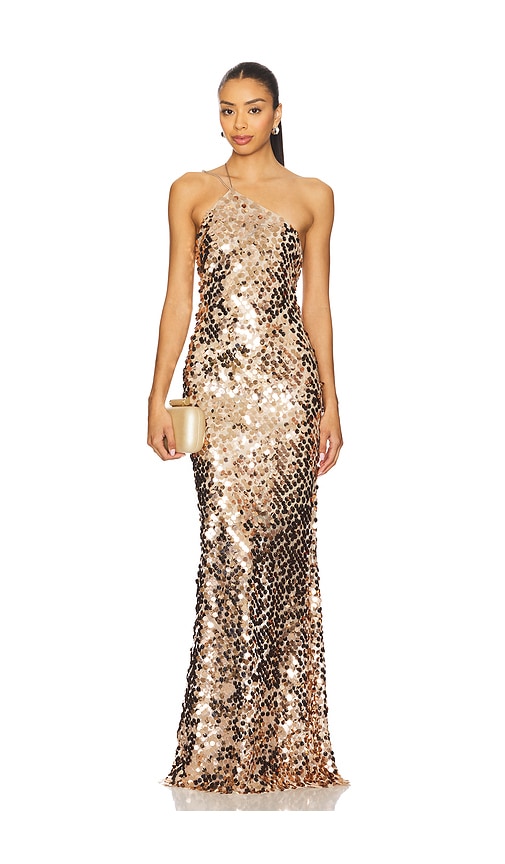 The Sei ROBE DE SOIRÉE UNE ÉPAULE DÉNUDÉE À PAILLETTES en Metallic Bronze.  6. Also en