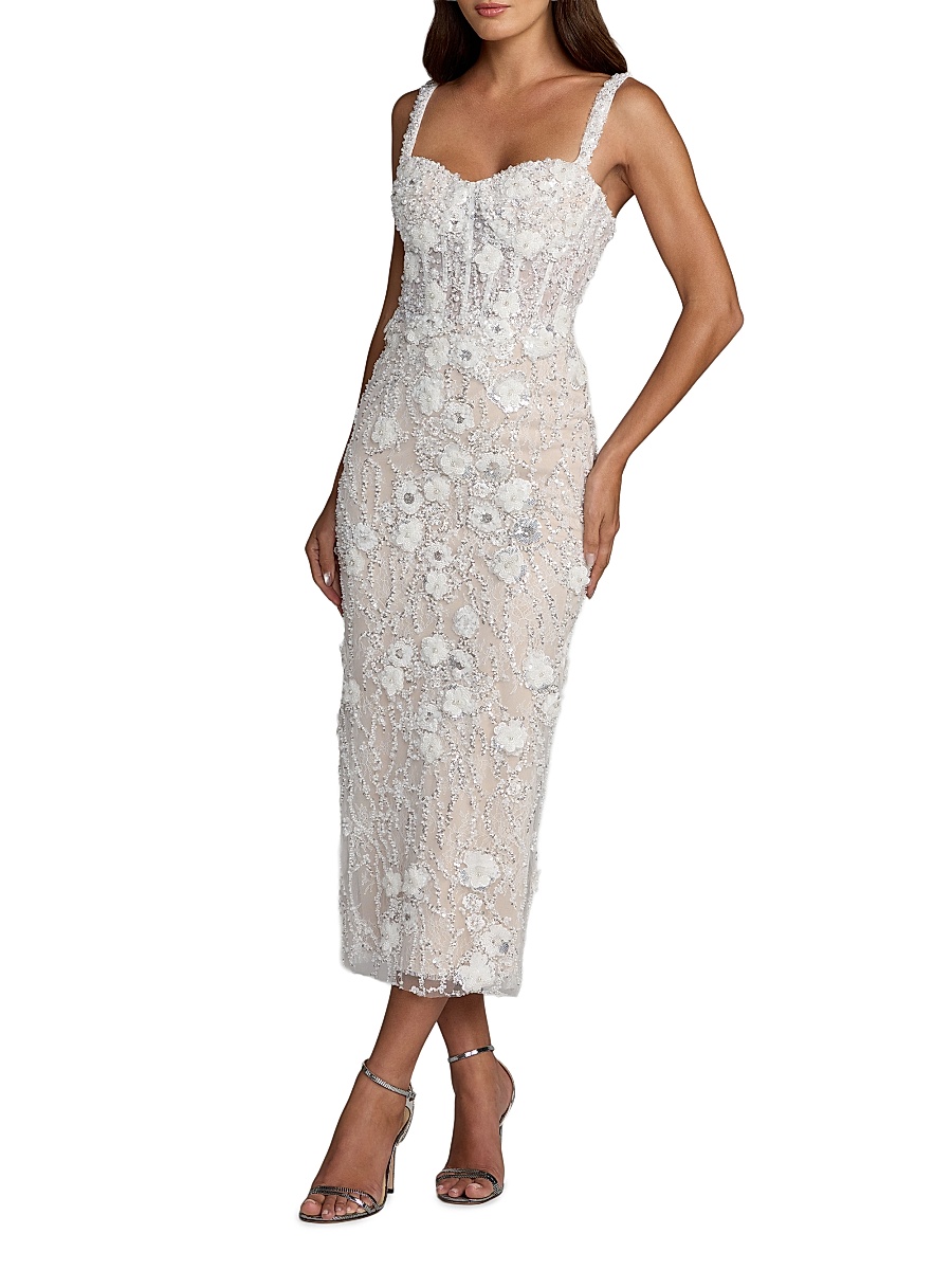 Women's Beaded Embroidery Fitted Midi-Dress - Ivory Beige