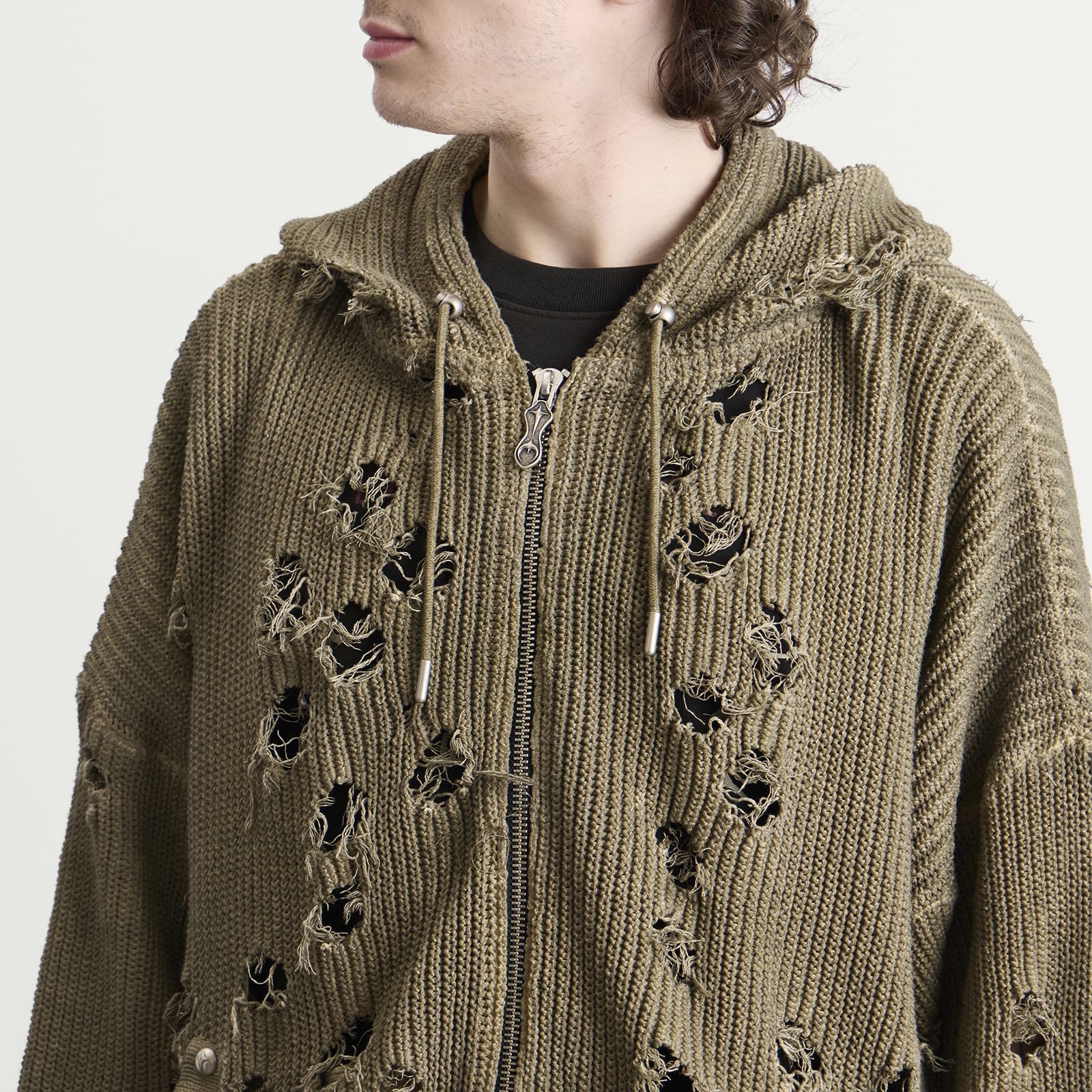 Men's Distressed Knitted Hoodie Beige