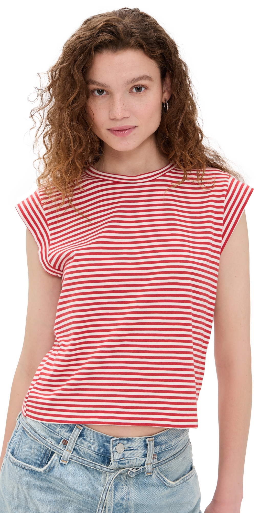 THE GREAT. The Peak Shoulder Tee Sun Cherry Stripe