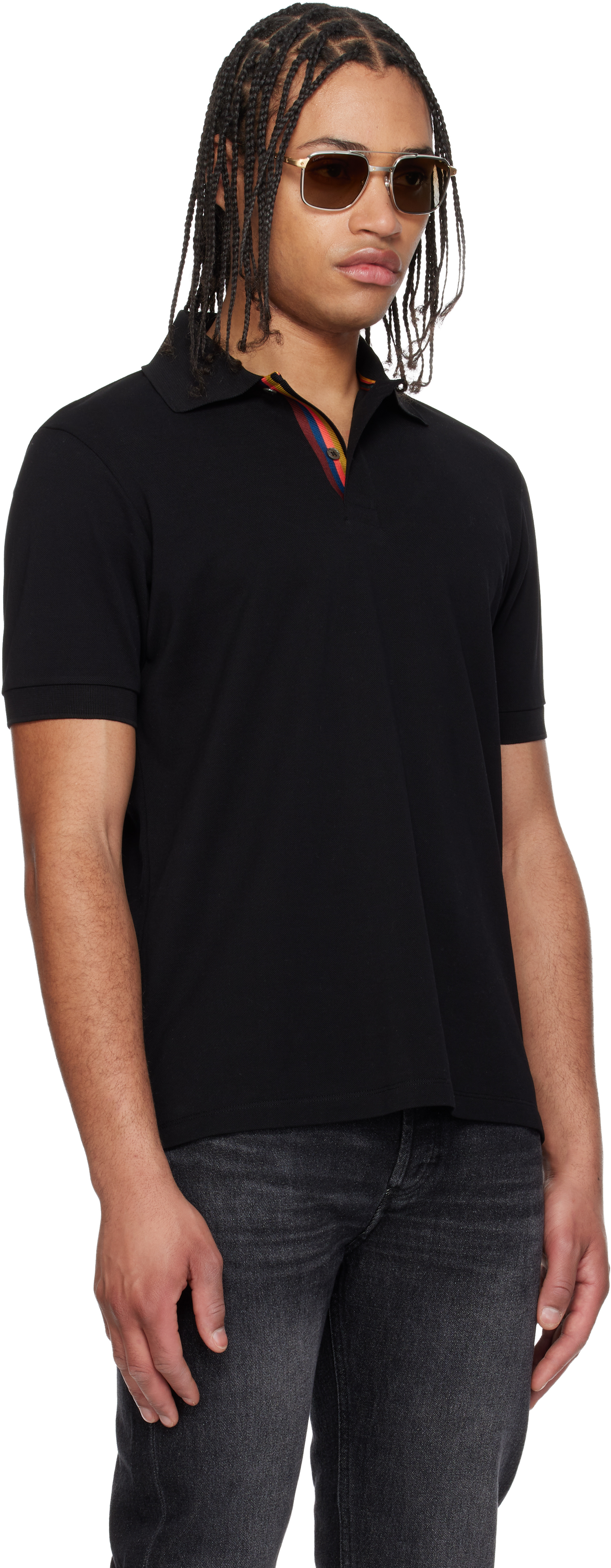 Black Cotton 'Artist Stripe' Placket Polo Shirt