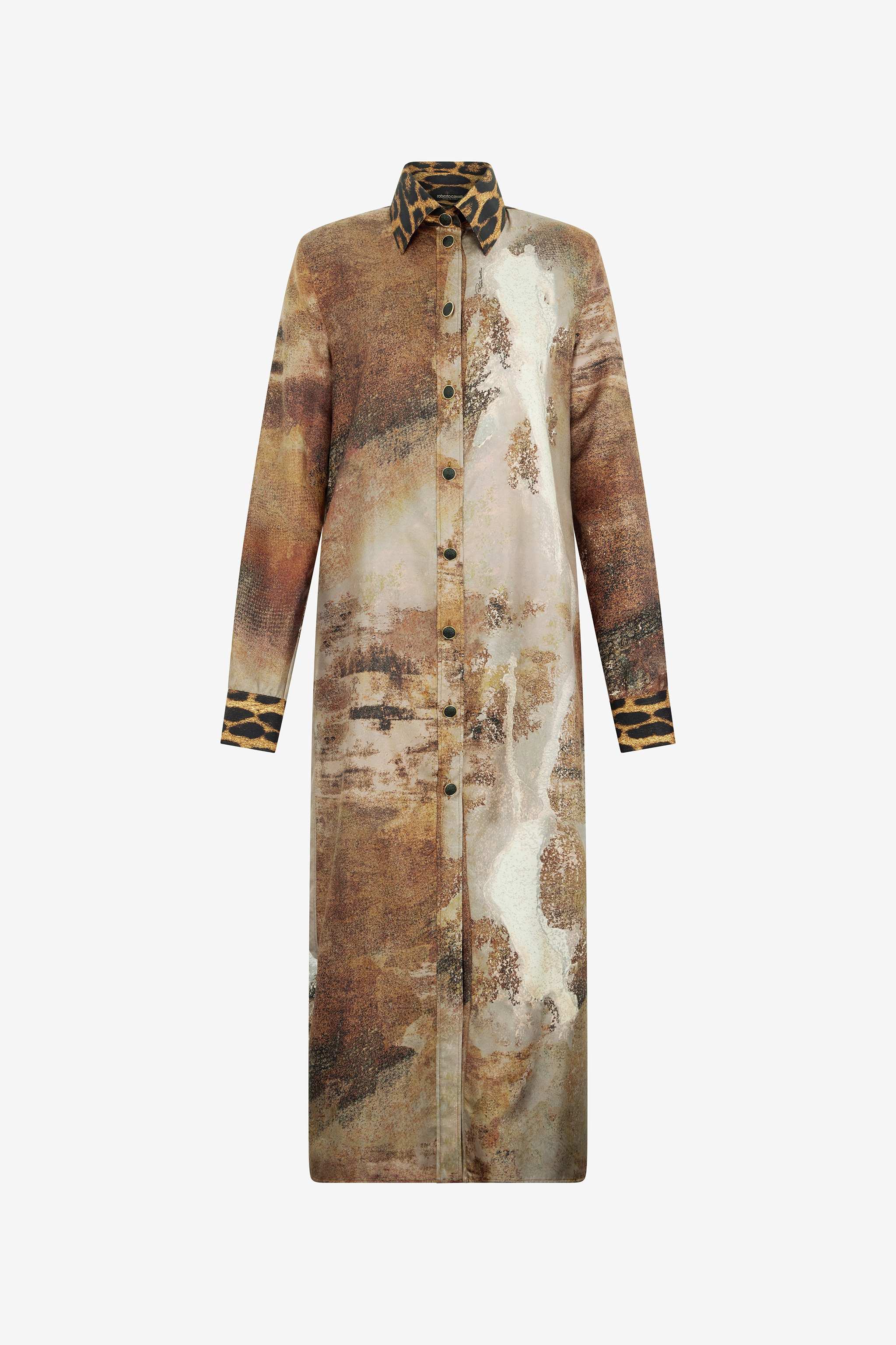 Beige Silk Shirt Dress With Marble Print