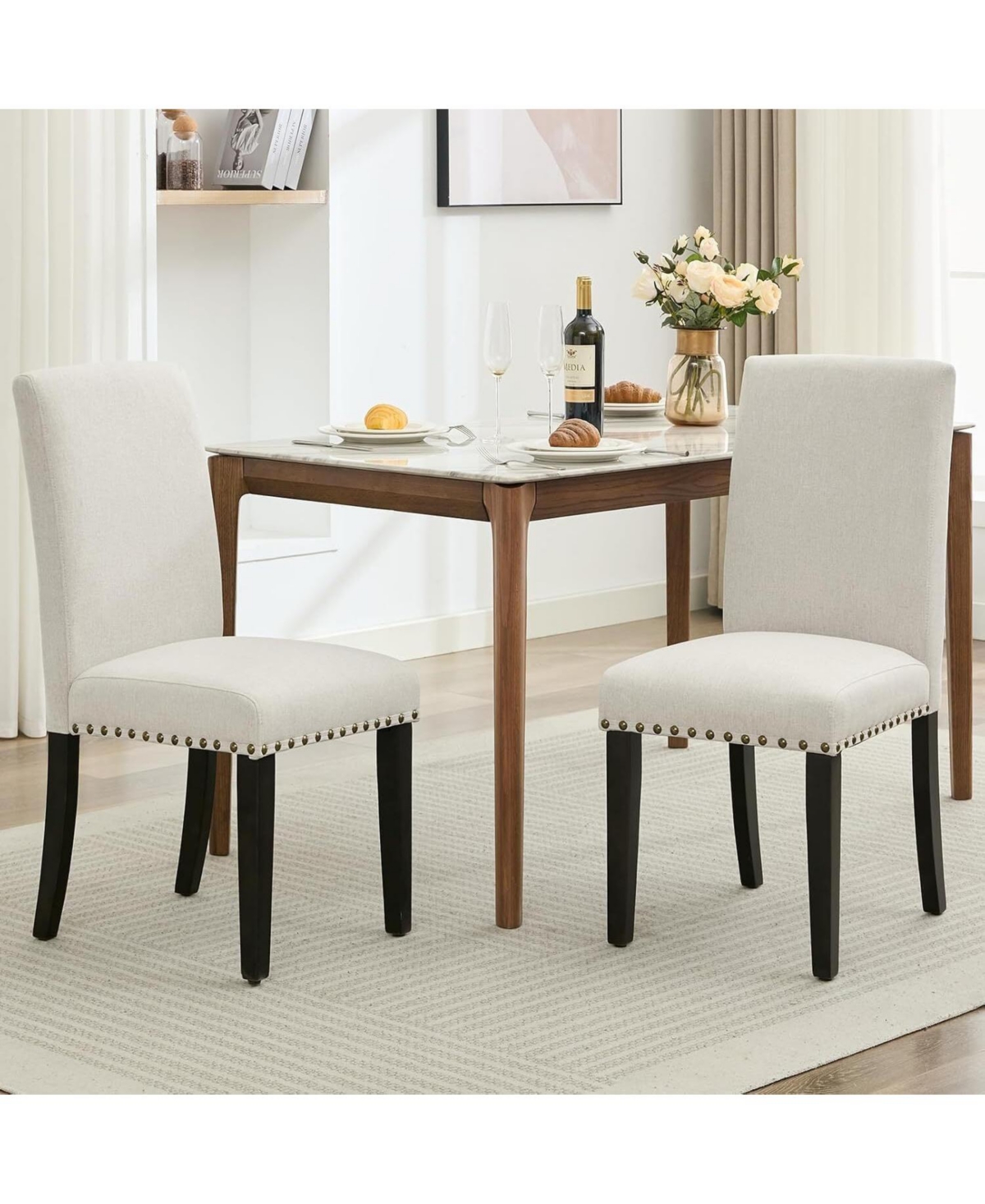 Upholstered Dining Chairs Set of 2 with Nailhead Trim, Padded Seat and Solid Wood Legs - White