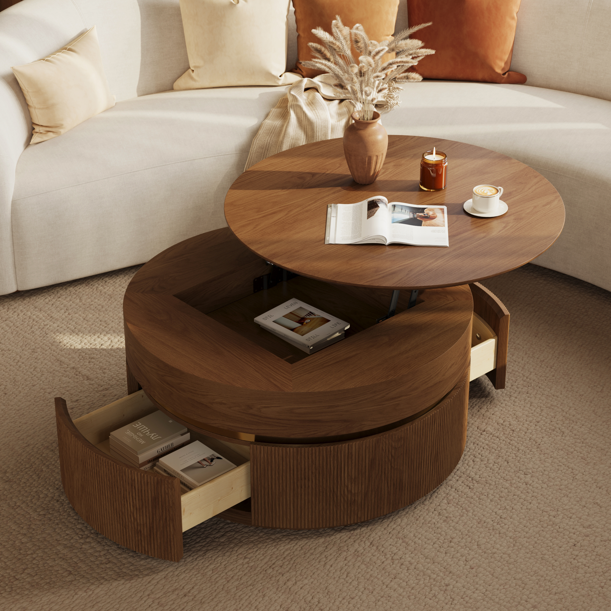 Table basse ronde en noyer à plateau relevable cannelé pouces avec 2 tiroir