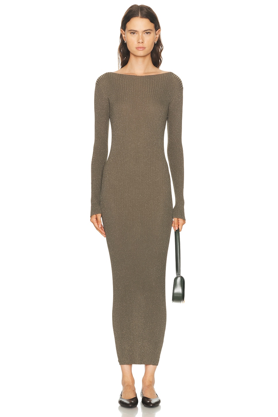 LESET Blake Rib Long Sleeve Maxi Dress in Moss - Olive. L also in M