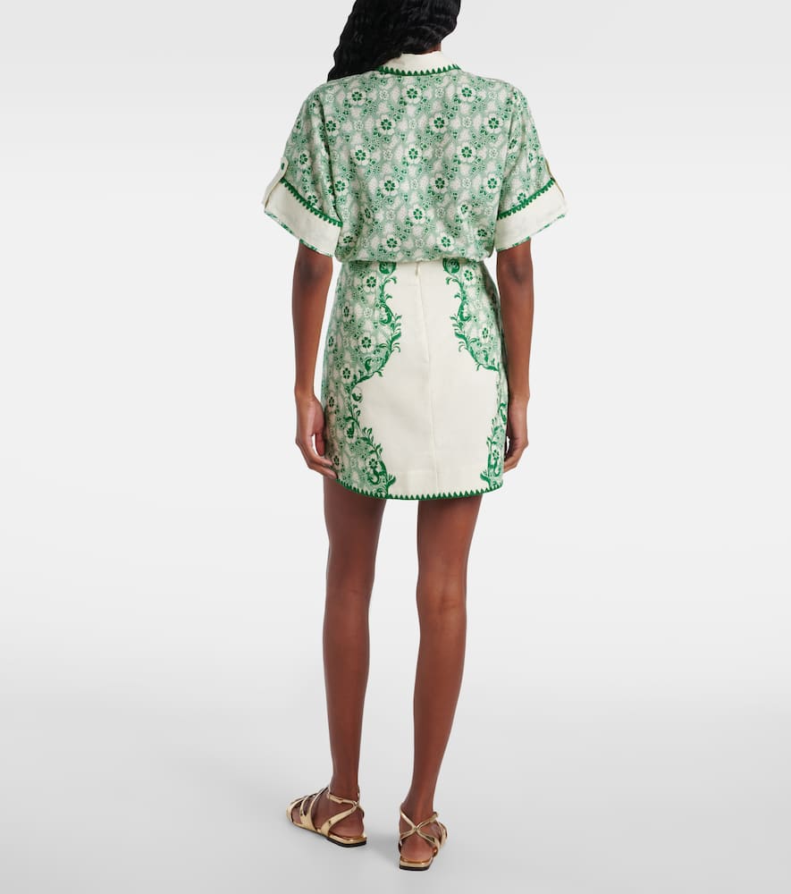 Alémais Olive printed linen and cotton miniskirt