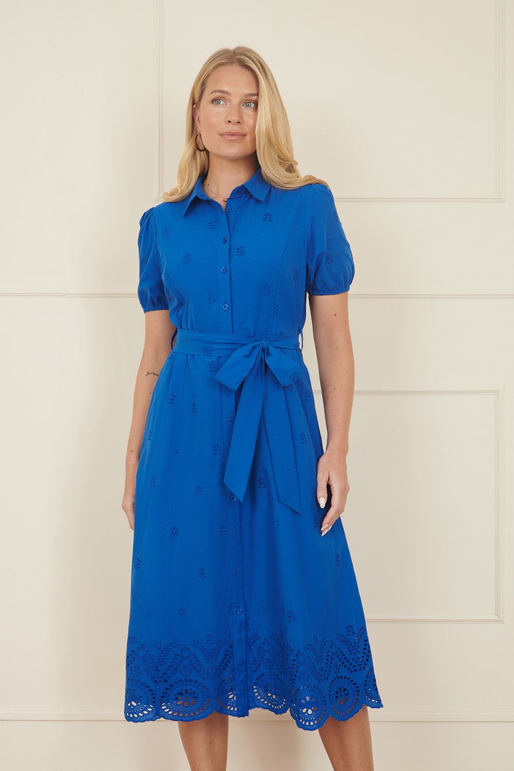 Yumi Women's Blue Cotton Shirt Midi Dress With Cut Out Detai