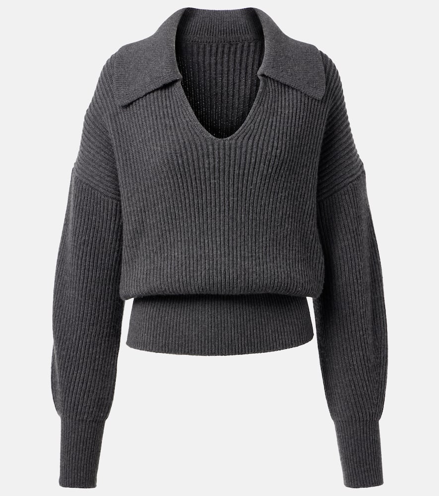 Ribbed-knit wool-blend polo sweater