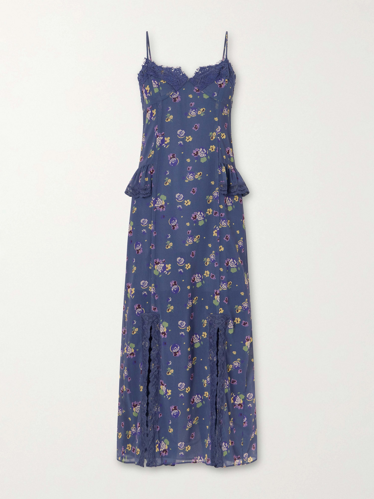 Night Blooming Floral-print Lace-trimmed Chiffon Midi Dress - Blue