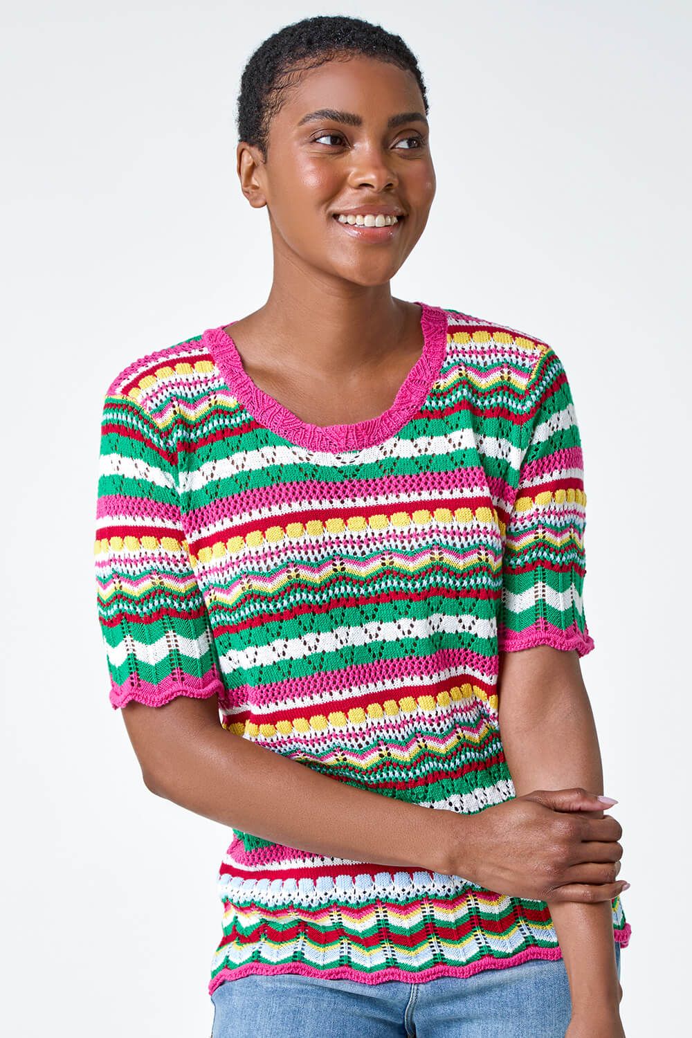 Roman Wave Print Knitted Cotton Top In Pink