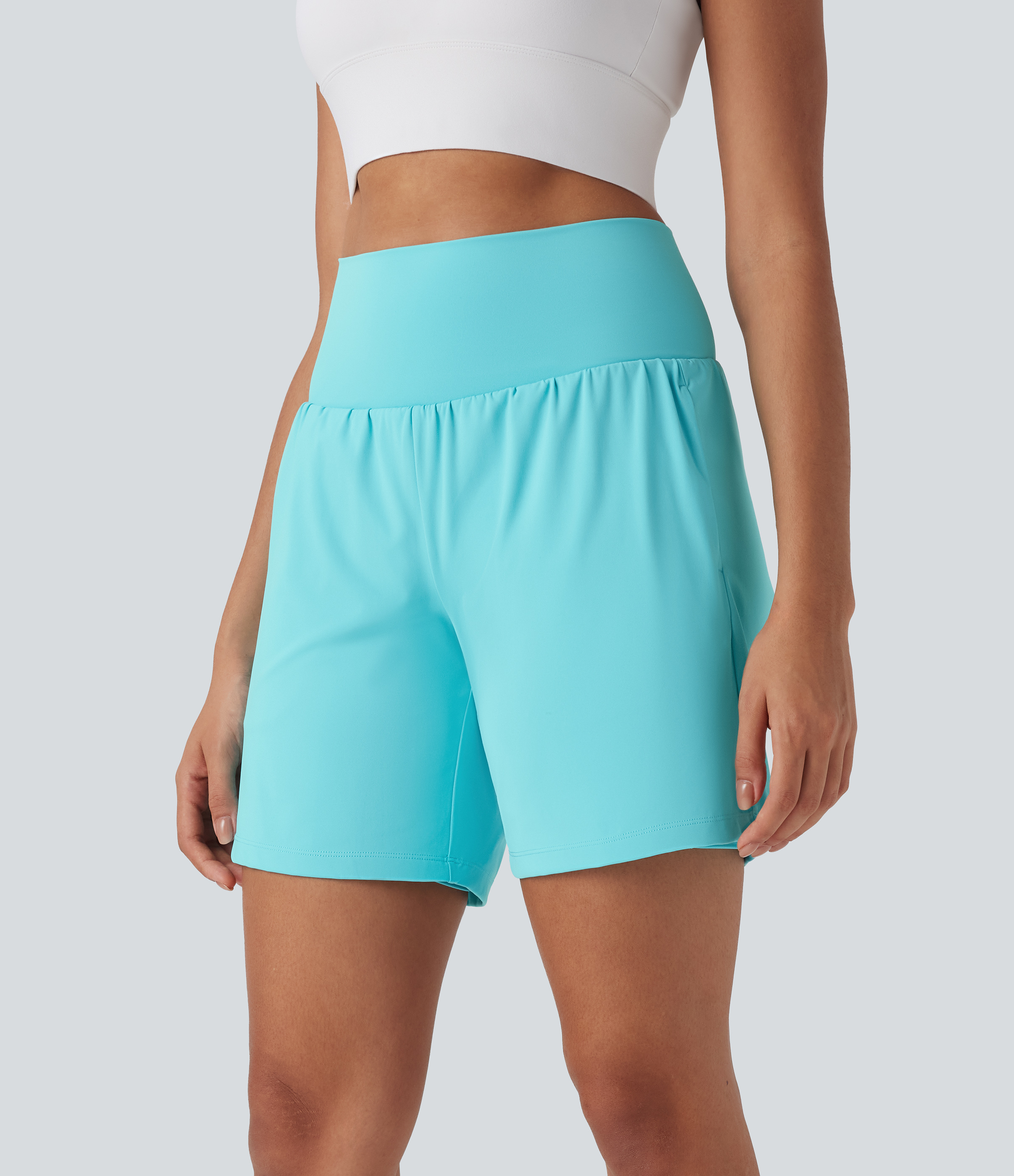 "Softlyzero™ Airy Super High Waisted 2-in-1 Cool Touch Yoga Shorts 7"" with Pockets Gym Short - Loka Blue