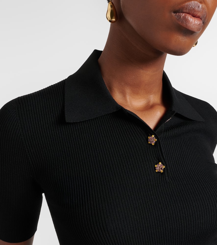 Embellished ribbed-knit polo shirt