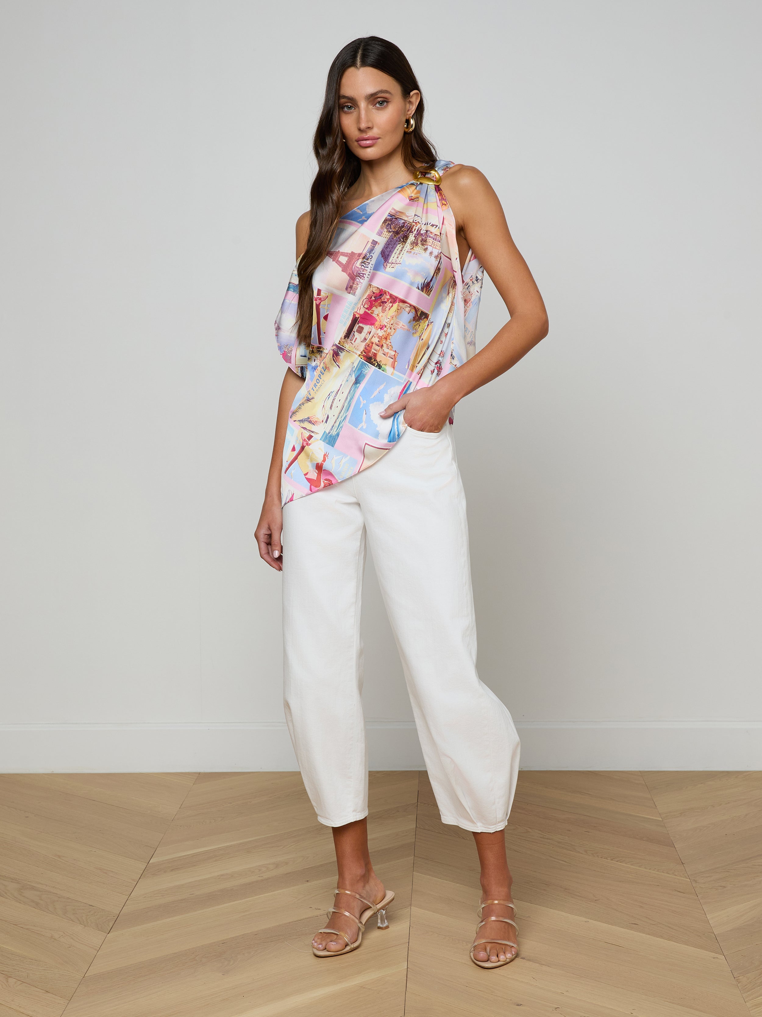 Driselle Scarf Top In Light Pink Multi Large Postcard Print