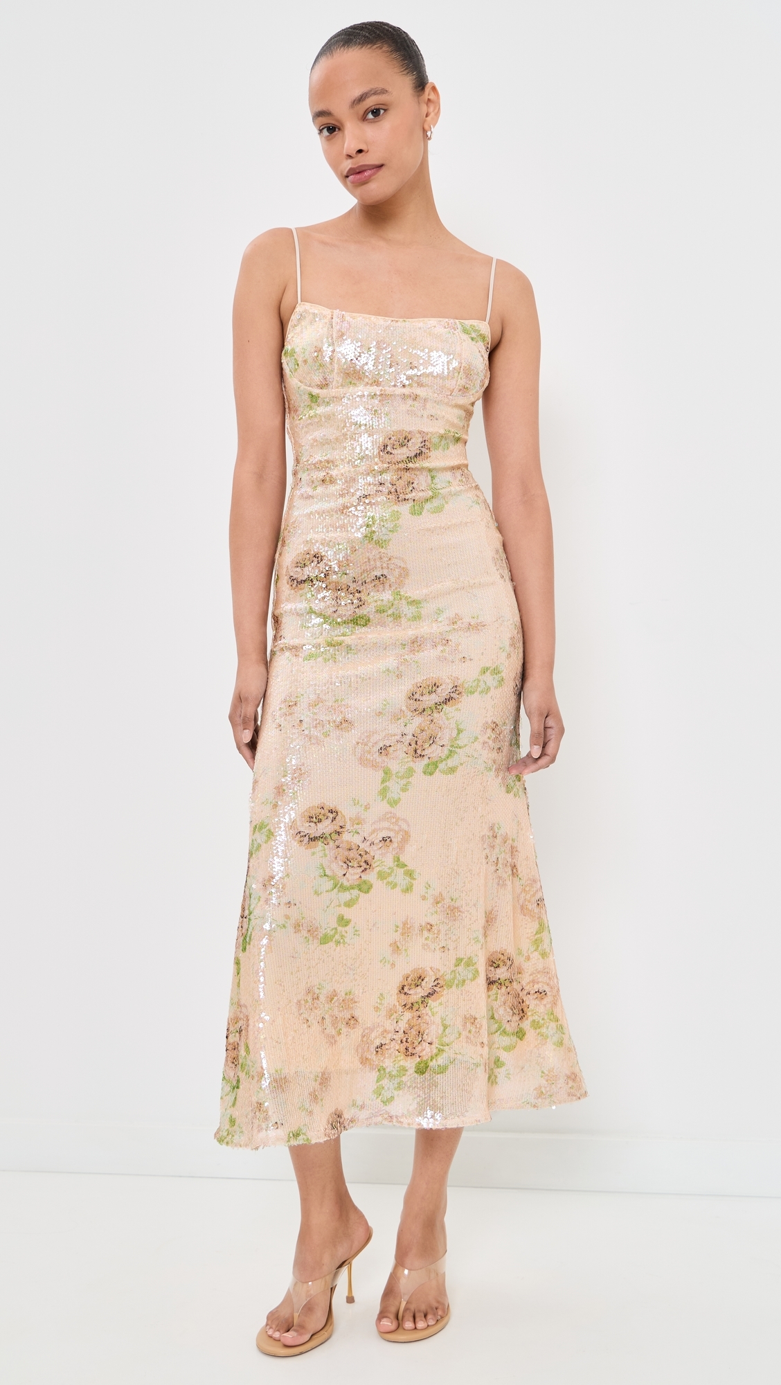 Adoni Sequin Mesh Midi Dress Beige Fl