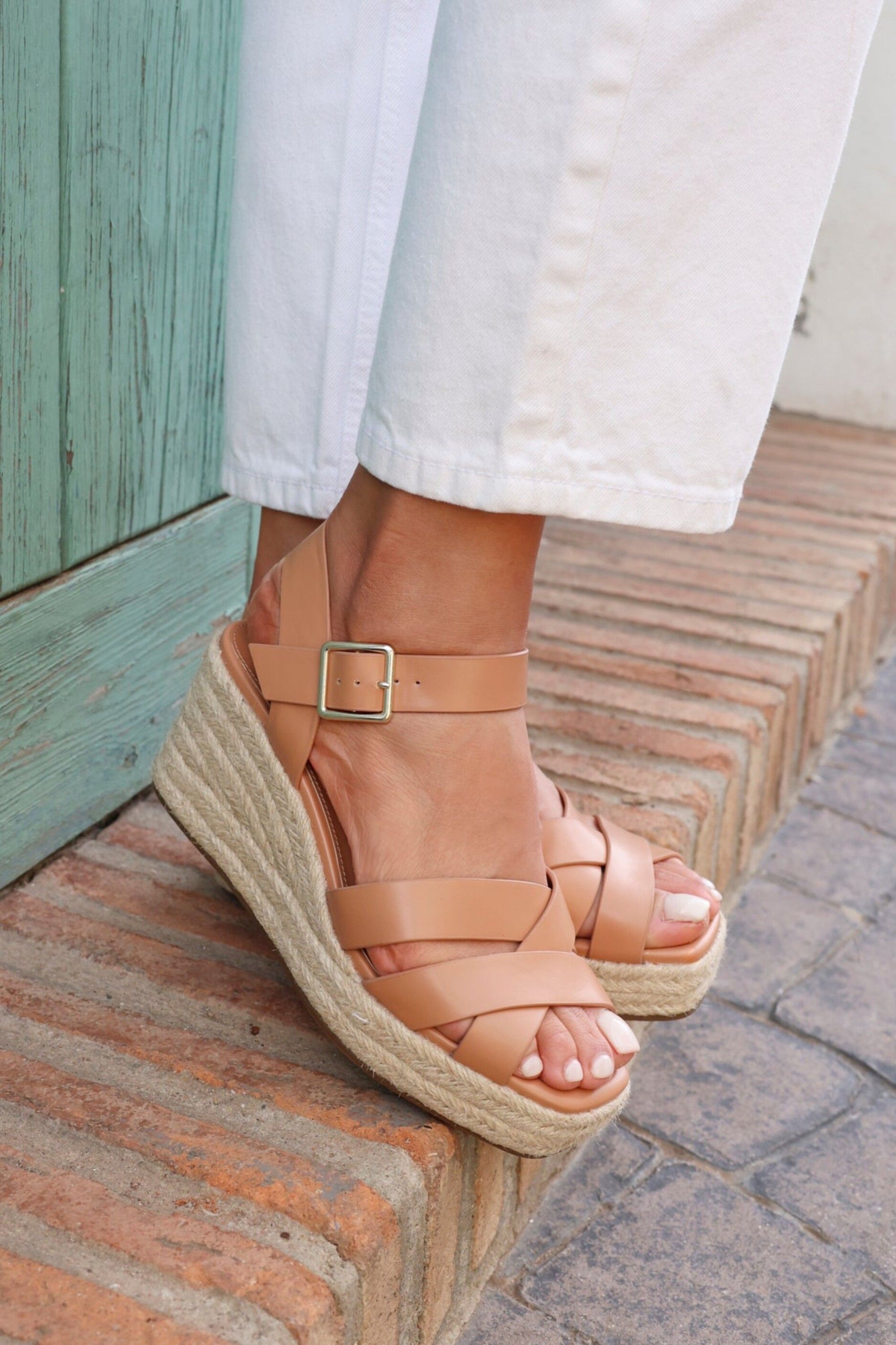 Linzi Women's Sheena Tan Crossover Espadrille Wedges | : 3/Standard Fit