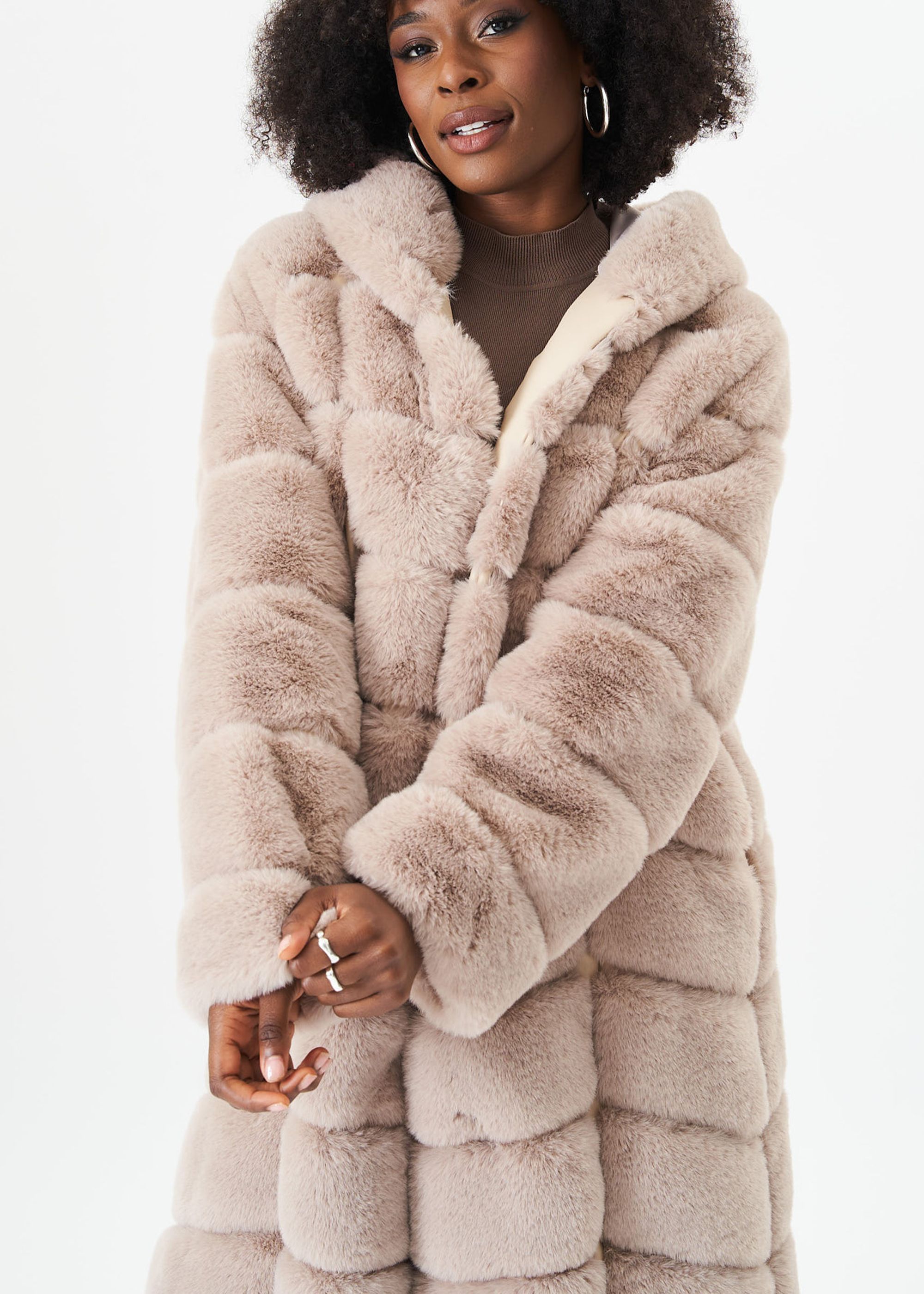Gini London Stone Panelled Hooded Longline Fur Coat