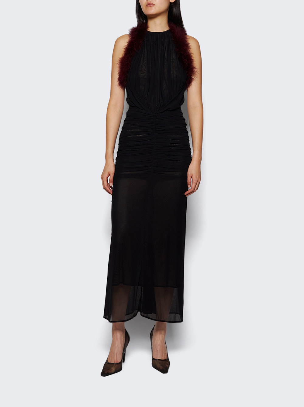 Marabou Ruched Dress Black And Dark Burgundy