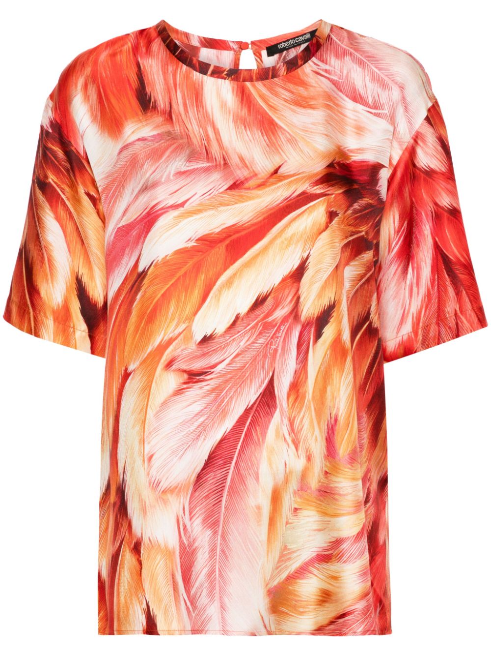 Plumage-print silk T-shirt - Orange